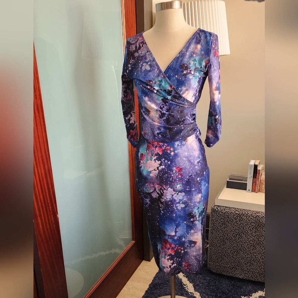Galactic Floral Mock Wrap Dress